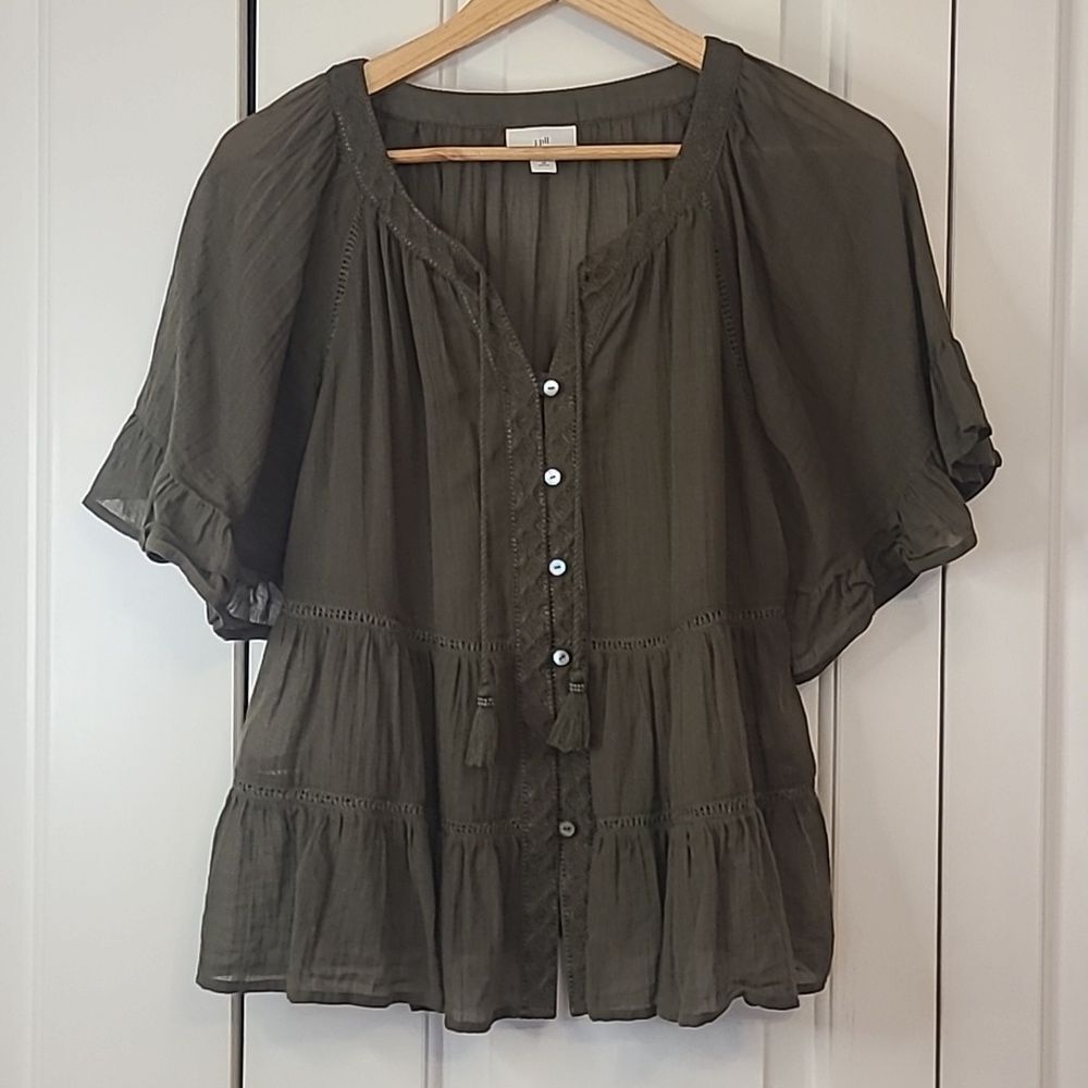 J.Jill Olive Green Cotton Babydoll Ruffle Blouse Ebroidery & Tassels Size XS